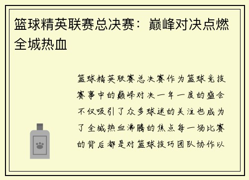 篮球精英联赛总决赛：巅峰对决点燃全城热血
