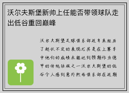 沃尔夫斯堡新帅上任能否带领球队走出低谷重回巅峰