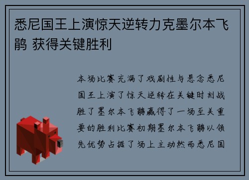 悉尼国王上演惊天逆转力克墨尔本飞鹃 获得关键胜利
